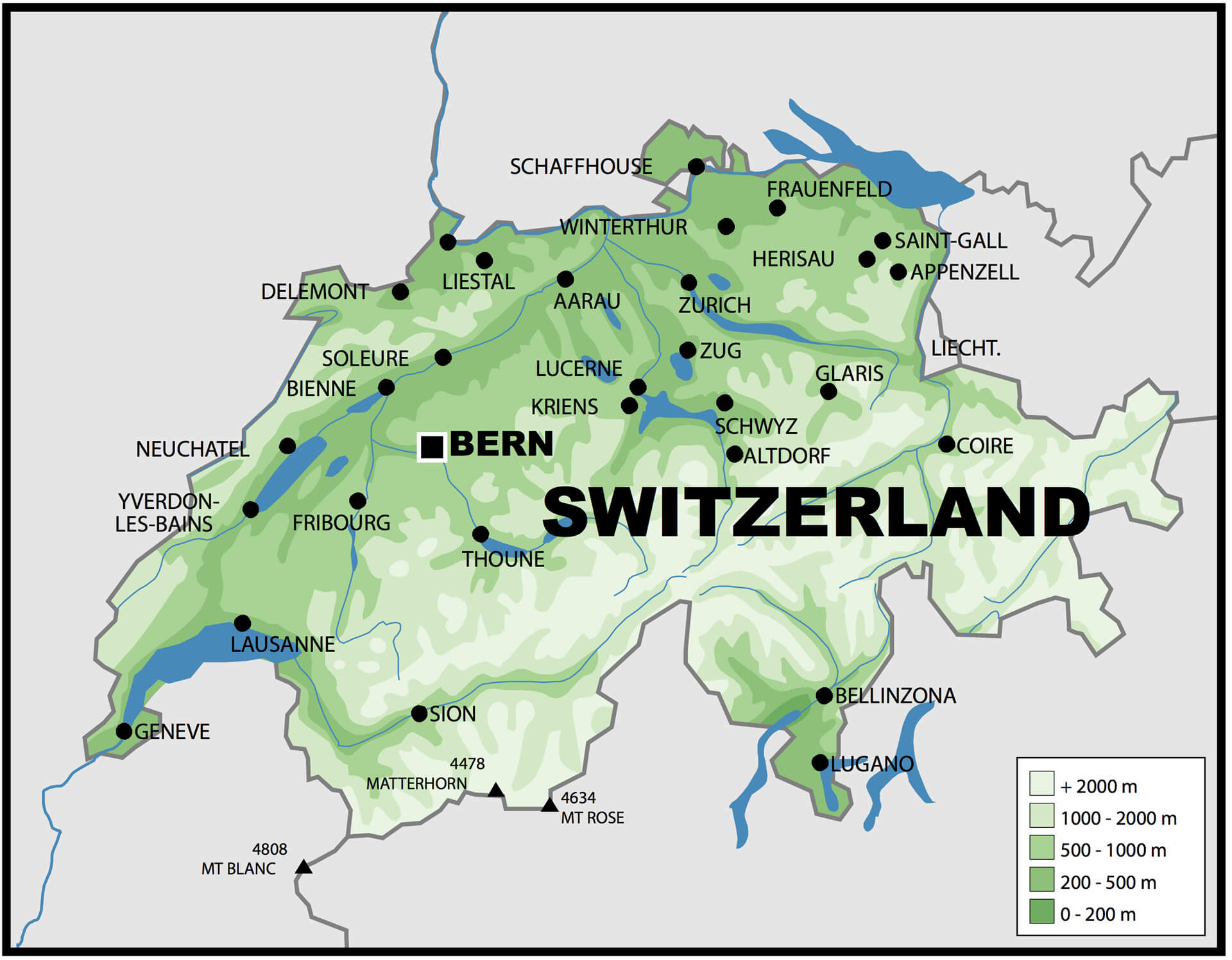 Physical map of Switzerland with Lakes